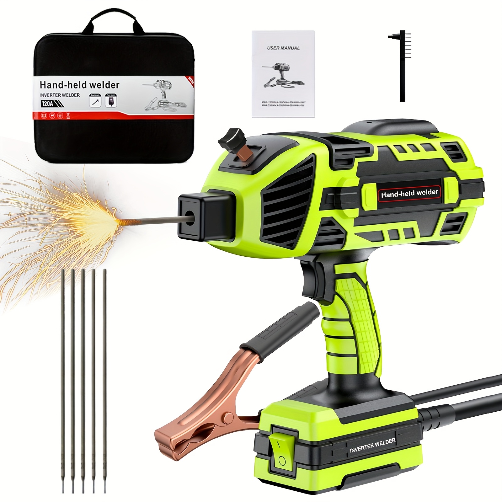 TEMU Portable Welder Machine 110v Arc Handheld Welder Igbt Inverter Welding Gun Stick Welder 6 Variable Current Adjustment Hand Held Welding Machine, Fit For 1/16"-1/8" Welding Rods, Without Battery