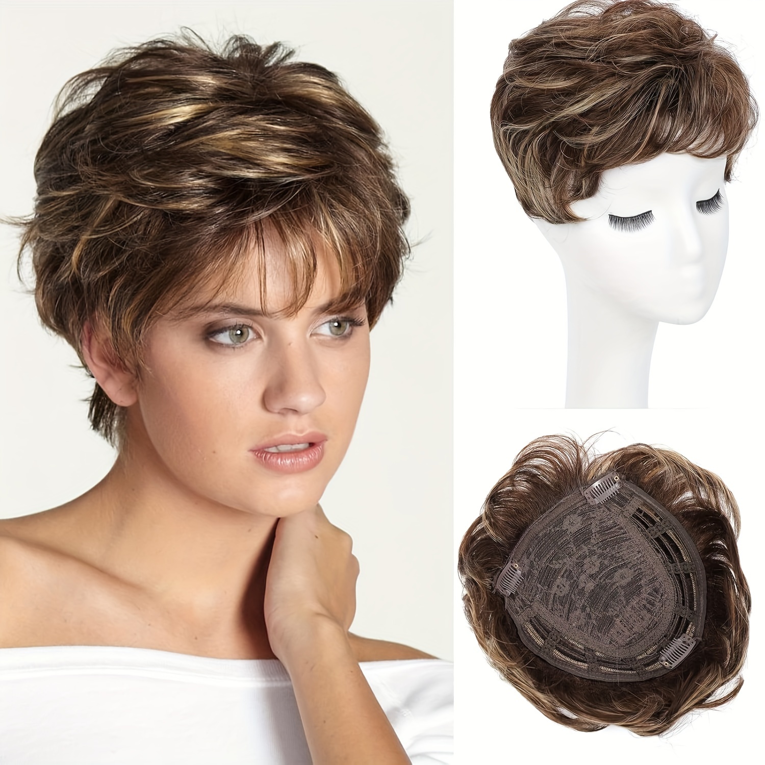 TEMU Brown Mixed Blonde Hair Toppers For Women With Thinning Hair, Fluffy Toppers Hair Pieces For Women 360° 3d Cover Short Curly With Topper For Thinning Hair (multiple Colors )