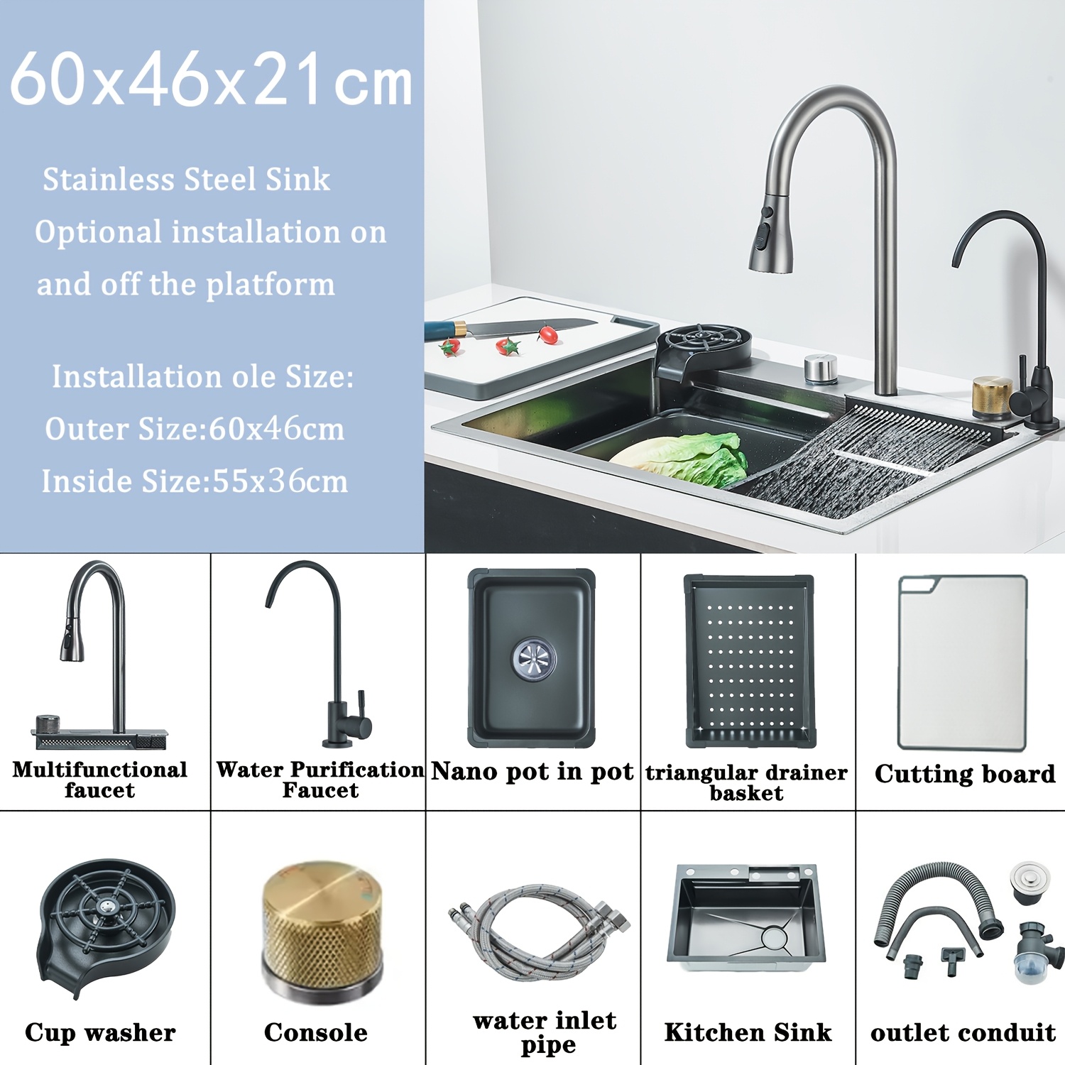 E-shop Küchenspüle aus Edelstahl mit Wasserfall-Armatur, Kanonenmetall-Grau, multifunktionale Küchenspülen-Arbeitsstation mit integriertem Glas-