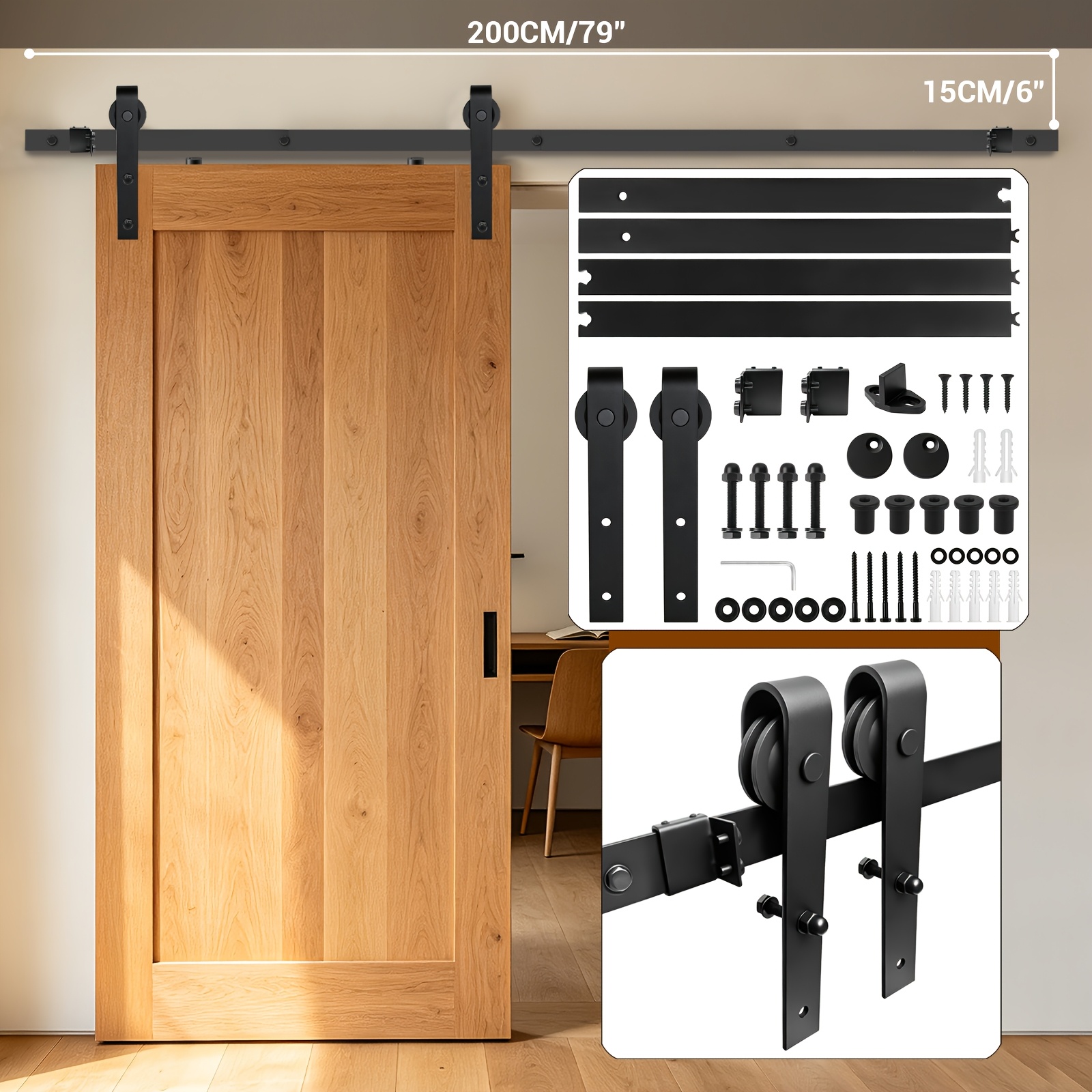Image of 6.6ft/200cm Black Heavy Duty Barn Door Sliding Track Kit For Single Wood Door, [] [high Quality ] []