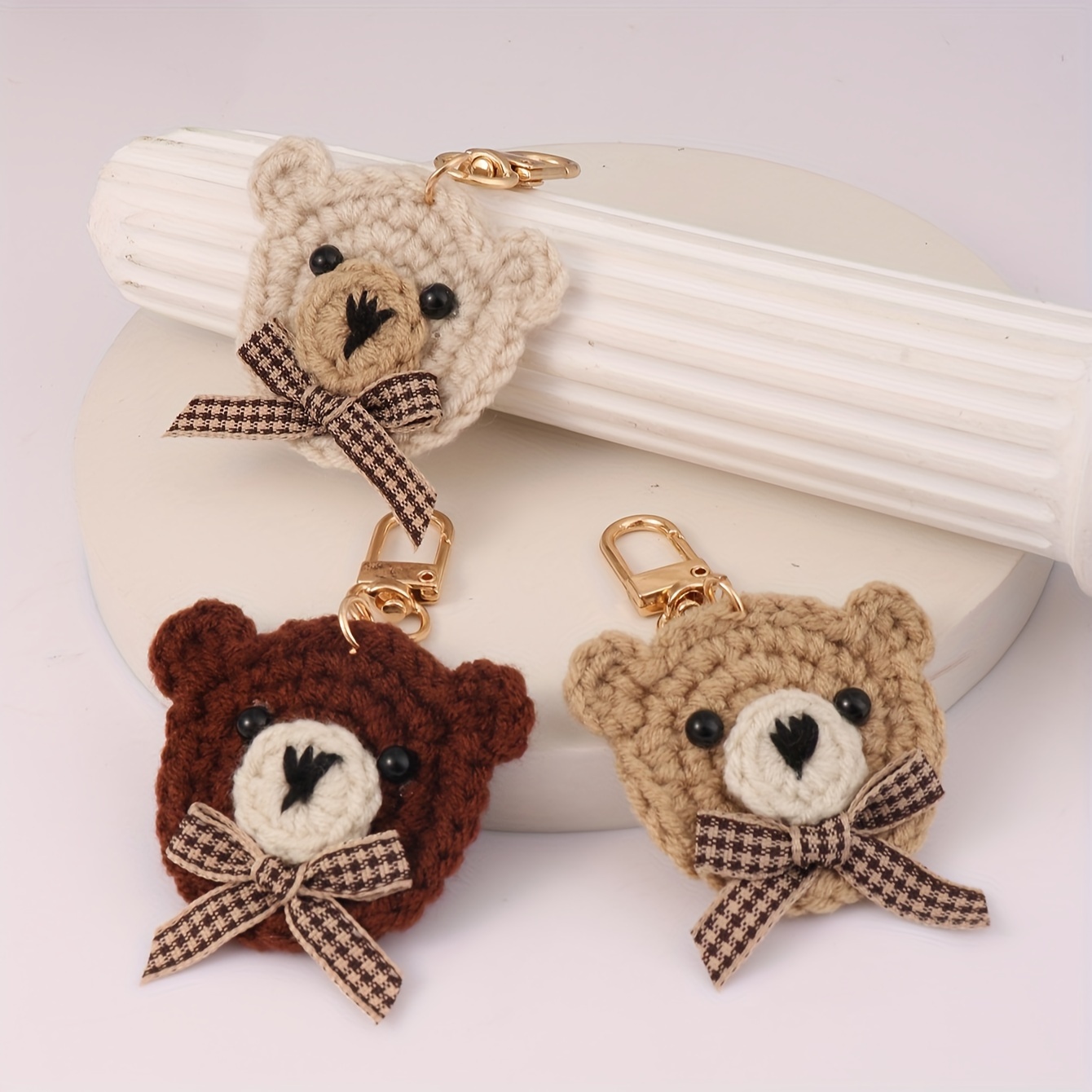 

Handmade Crochet Bear Keychains With Bow-tie, Cute Embroidered Keyring Charms, Fresh Fabric Bear Design For Car Keys & Bag Accessory