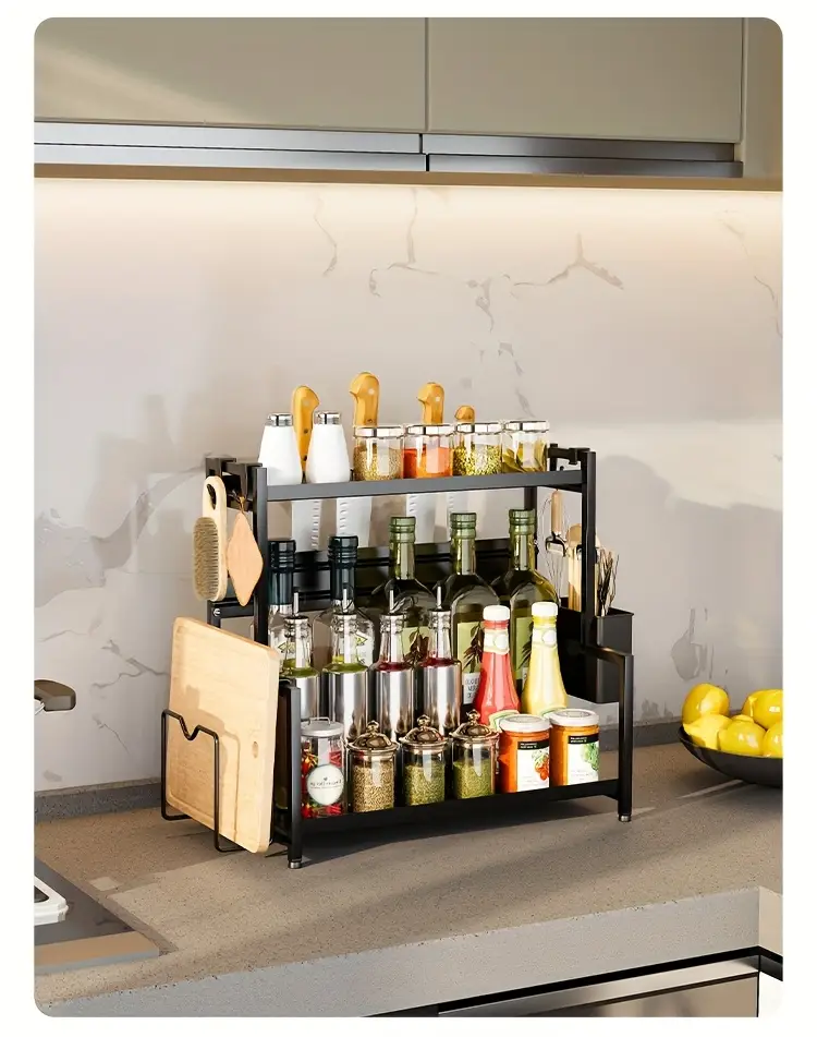 2 tier carbon steel spice rack organizer with utensil holder cutting board storage white metal kitchen countertop organizer for spices knives and cutting tools spices organizers and storage Product details 14