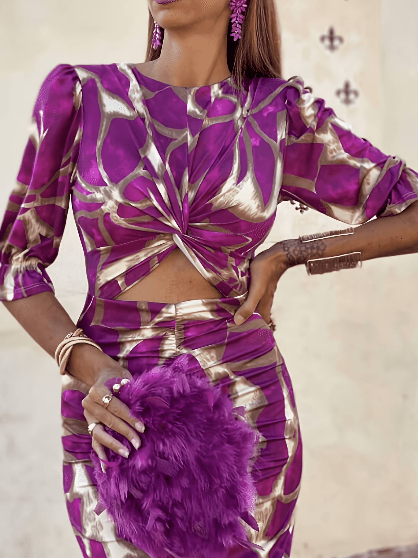 Spring/Summer Printed Hollow-Out Twist *-Layer Purple Elegant Bodycon  Dress, Featuring an Elegant and Lightweight * Suitable for Festive  Weddings, Parties, Dinners, Afternoon Tea, and Daily Wear