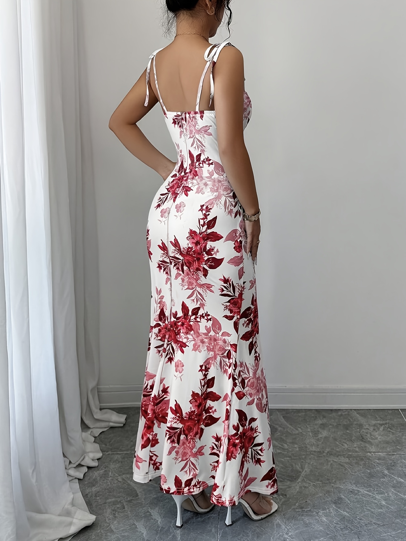 Ladies' Elegant Printed Spaghetti Strap Ruffled Shoulder Tie Bow Hip Slit Dress for Dates, Parties, Gatherings, Beach Vacations