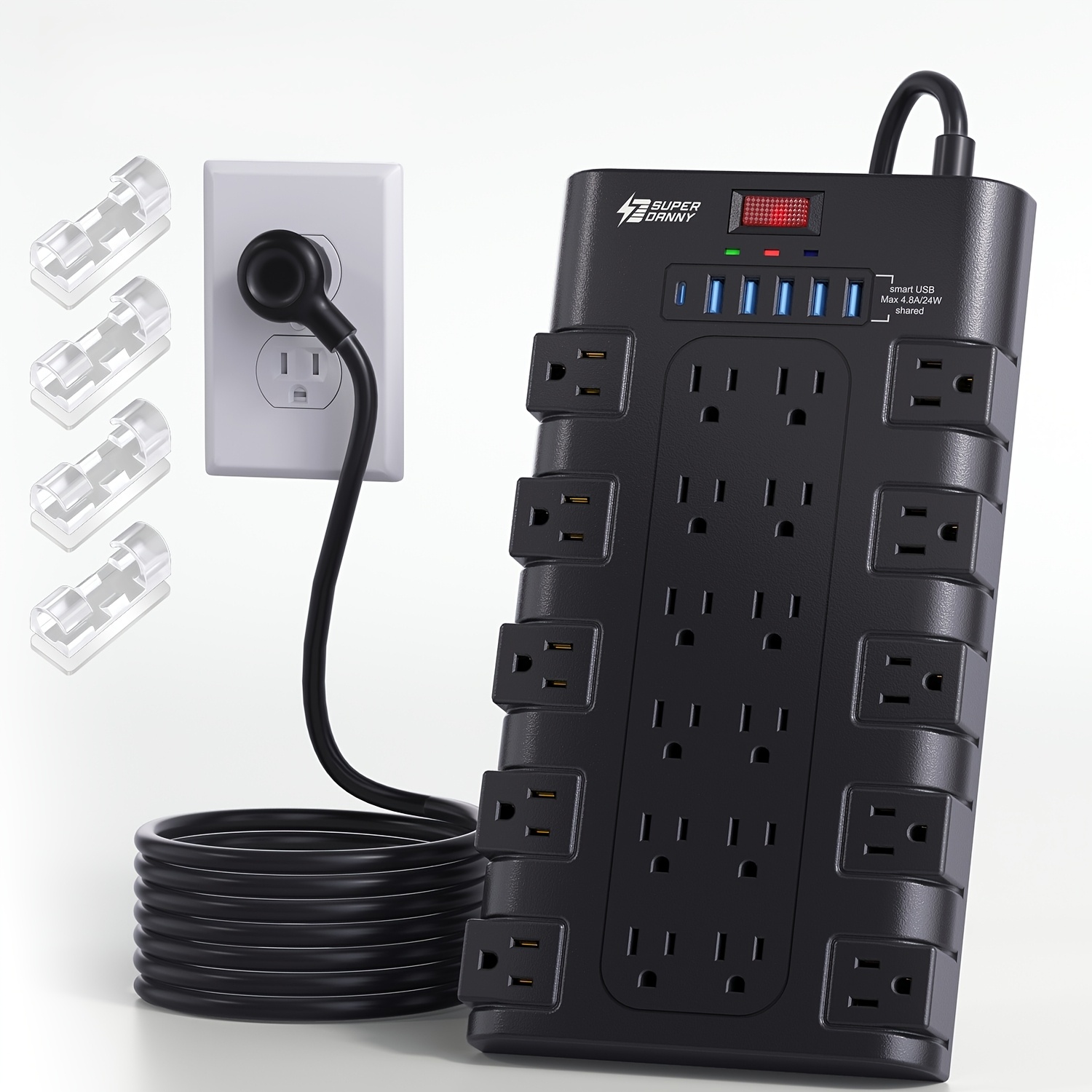 TEMU 28-in-1 Protector Power Strip For Multiple Devices, 5.5ft Extension Cord With Multiple Outlets, 22 Outlets Heavy Duty Power Strip With 6 Usb