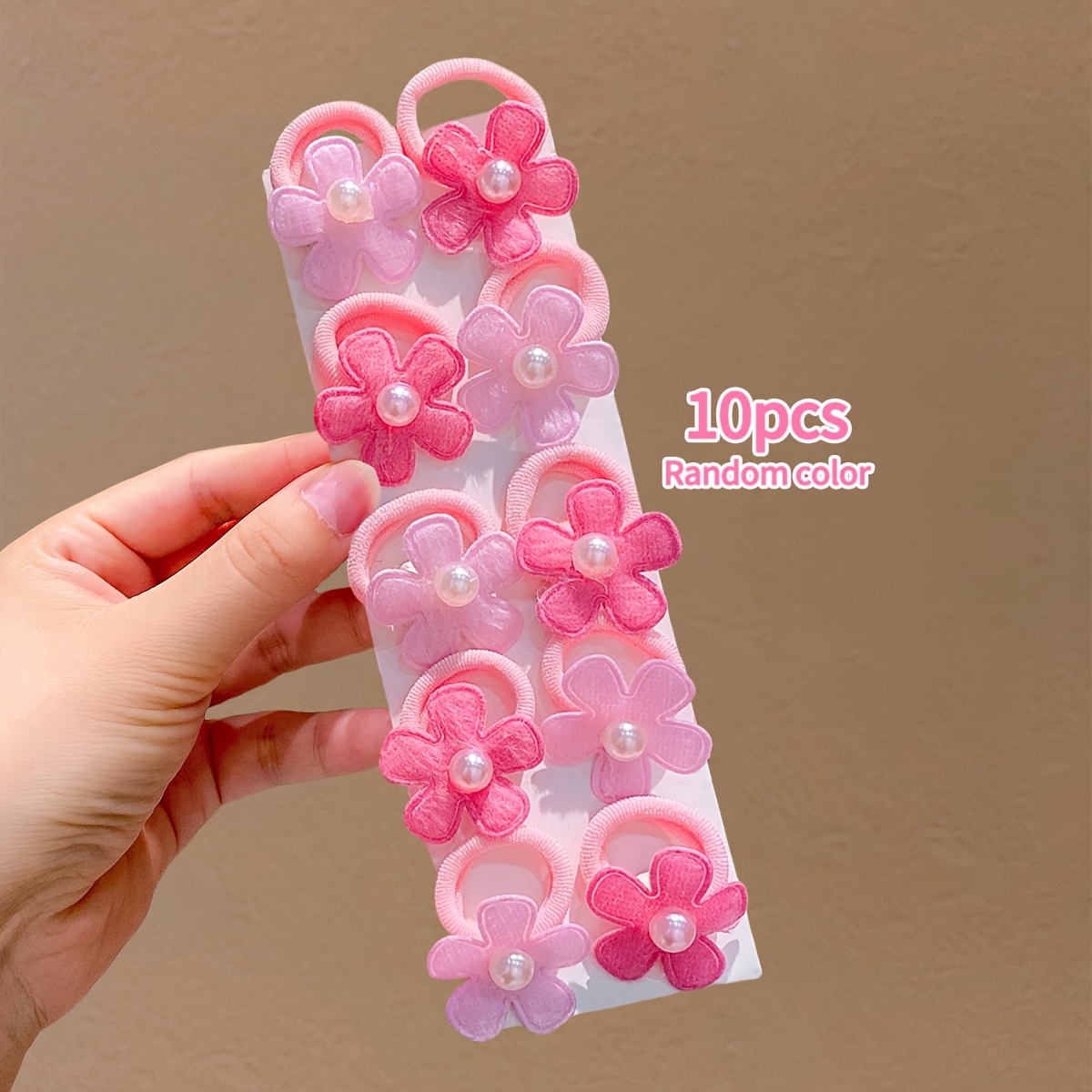 Image of 10pcs Set Of Random Color Cute Pink Hair Accessories With Bright Beaded Flowers And Hair Ties
