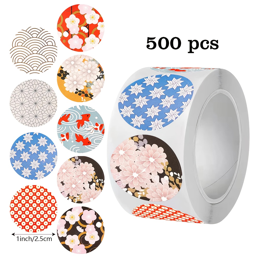 

500 Stickers/roll Japanese Traditional Pattern Self-adhesive Stickers Round Gift Envelope Greeting Card Jar Diy Decoration Sealing Sticker Pvc Waterproof Non-adhesive