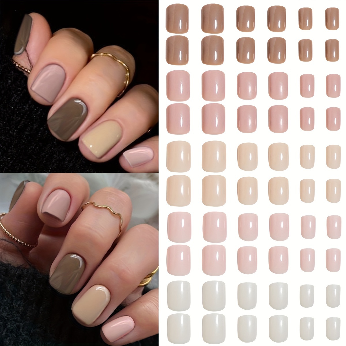 

Brown & Nude Square Shape Short Press On Nails, 1005 Box Set, Glossy Pure Color Finish - Durable And Easy To Apply