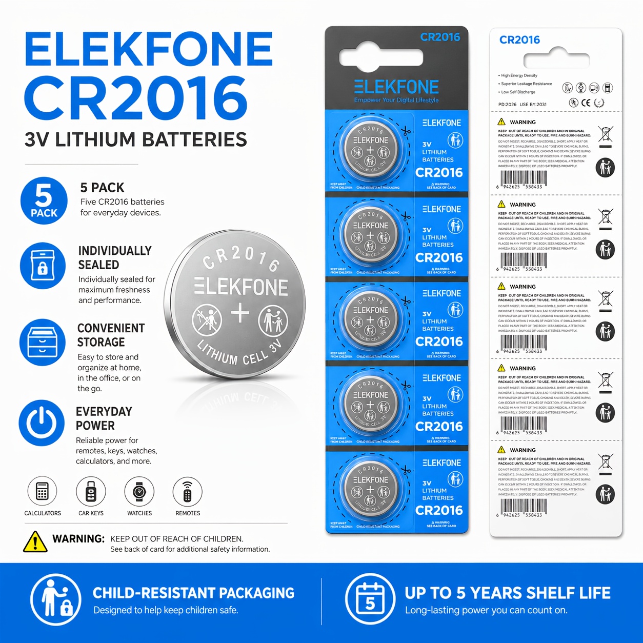 TEMU Cr2016 3v Lithium Button Cell Batteries 5-pack, Long- For Watches, Remotes, Scales, Toys, And Key Fobs