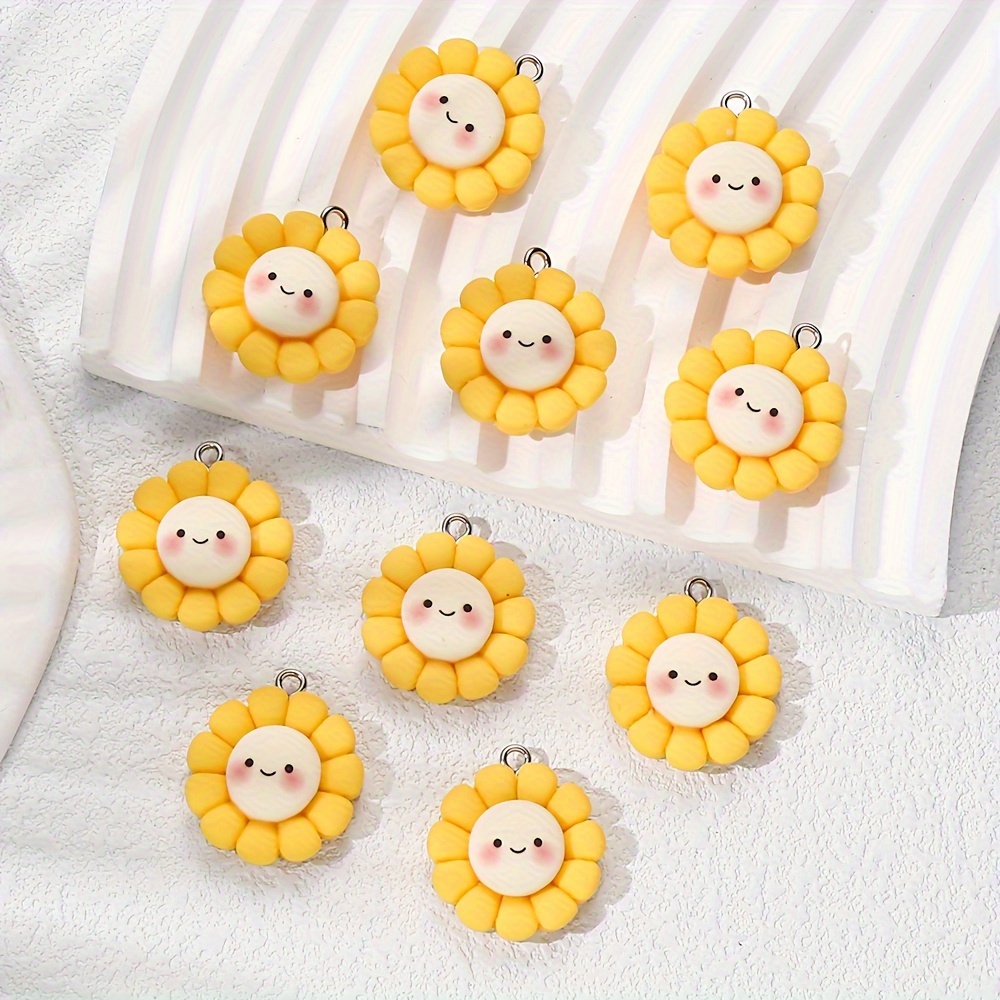 

10pcs Cute Cartoon Sunflower Charm Pendants, Resin Smiling Face Sun Charms For Diy Jewelry Making, Keychains, Necklaces, Bracelets, Bag Accessories