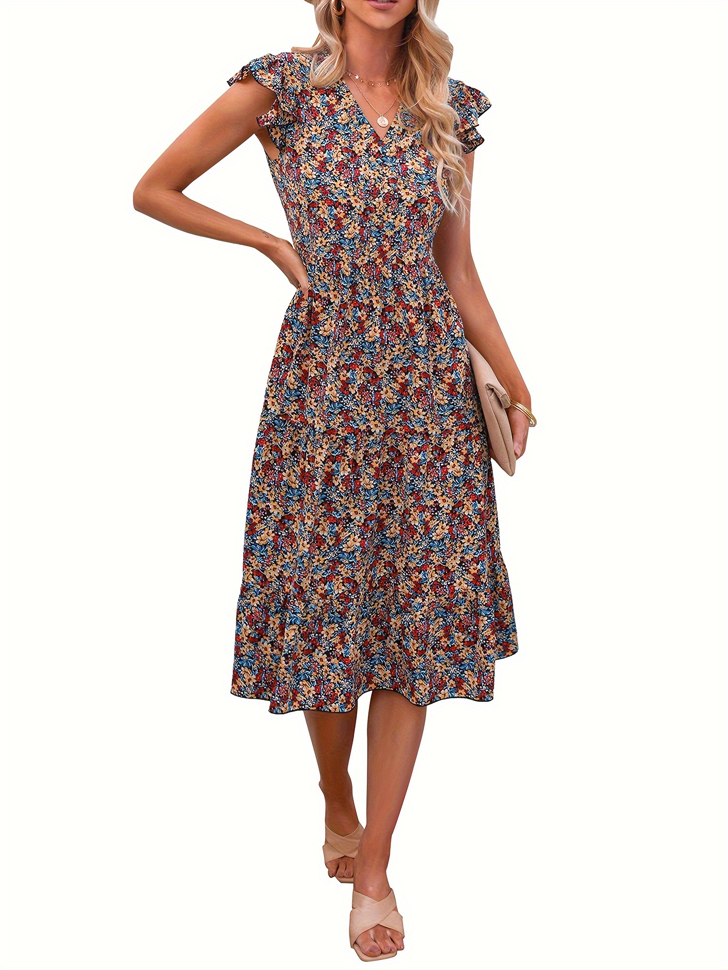 womens retro floral midi dress v neck ruffle sleeves - Temu