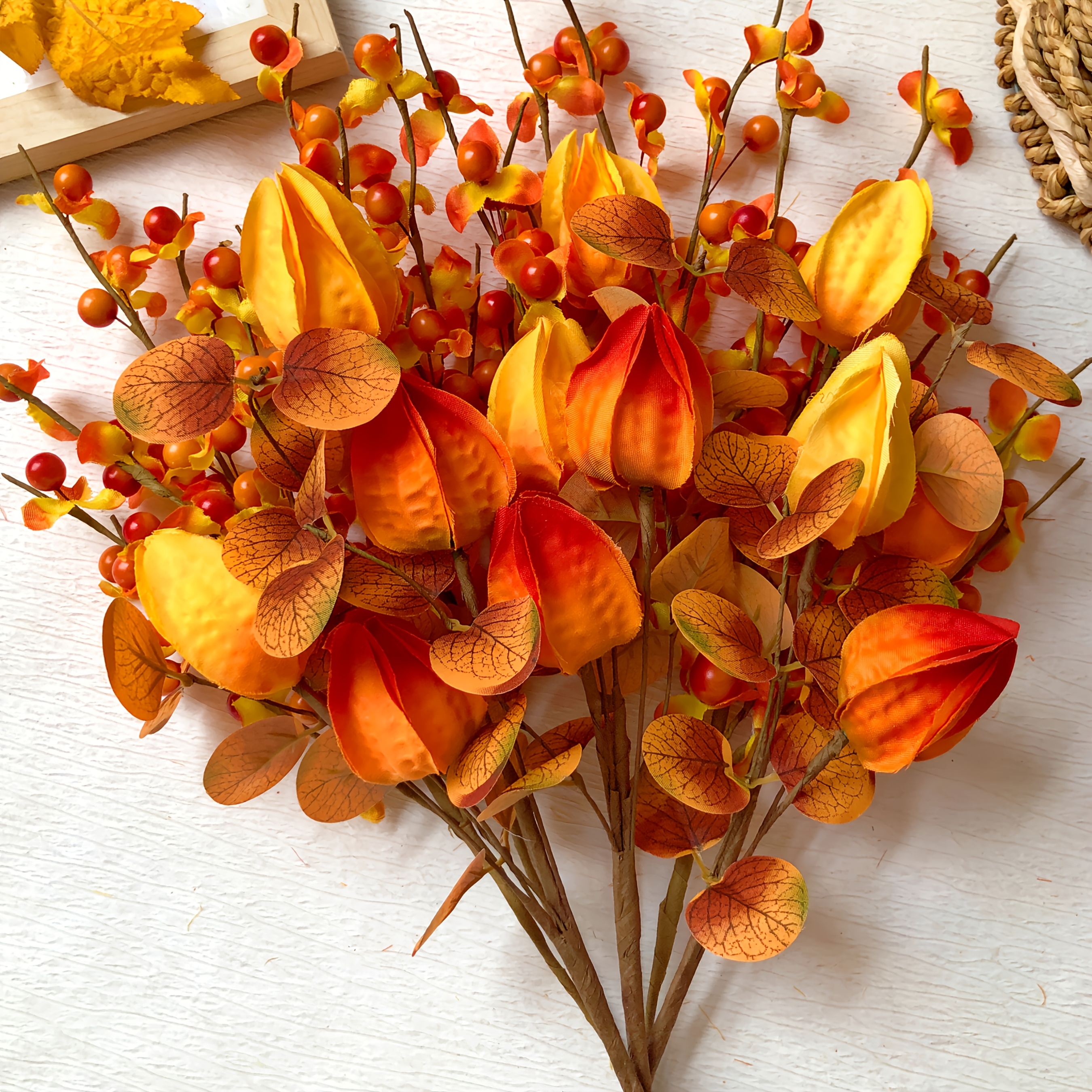 TEMU 3pcs Autumn Faux Flowers, Realistic Buds Jasmine Berries Eucalyptus Leaves Stems, Hand-twisted Floral Branches, Decoration, Festival Decor,