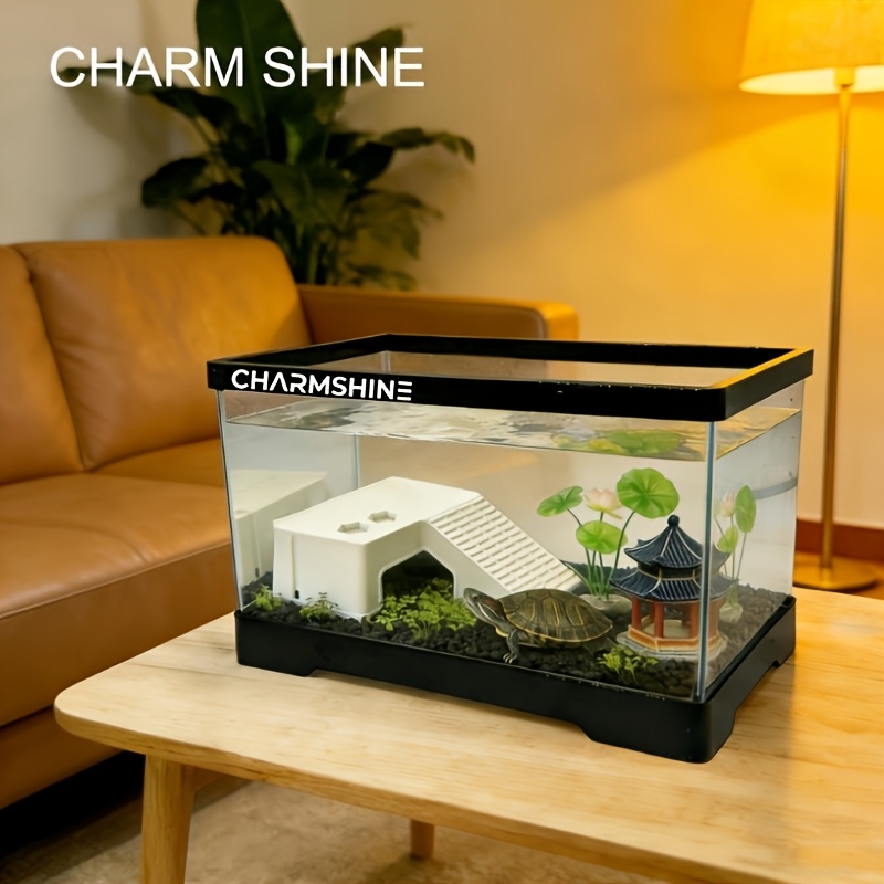 Modern Black High-Transparency Ecological Aquarium, Quality Acrylic with Turtle Basking Platform, Desktop Fish Tank for Home & Office Decor, Ideal for Turtles, Shrimp, Goldfish, Crabs, Frogs, Reptile Habitat & Aquascape Tank