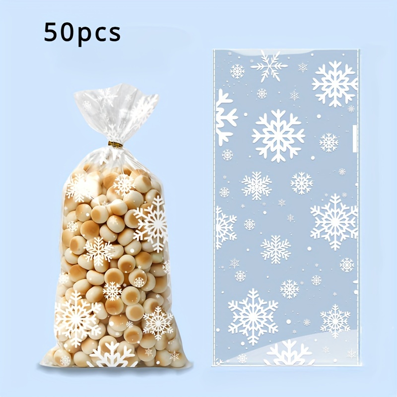 

50pcs Golden Twisted Ties Christmas Candy Bags - Cellophane Plastic Gift Bags For Celebration Party Supplies, Biscuits, Candy, And Snack Packaging