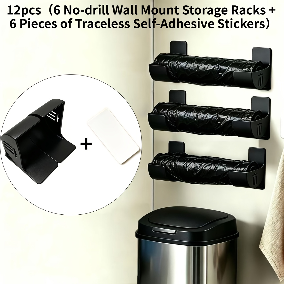 TEMU Juego de 12 piezas: 6 estantes de almacenamiento de pared sin taladro + 6 pegatinas autoadhesivas . Soporte para bolsas de basura, práctico