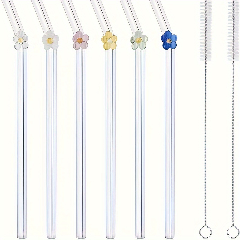 

6pcs, Straw, Reusable Glass Straws With 2 Cleaning Brushes, Cute Colorful Flower Glass Straws, Shatter Resistant Straw, Reusable Straws Dishwasher Safe For Smoothies, Milkshakes, Juices, Teas