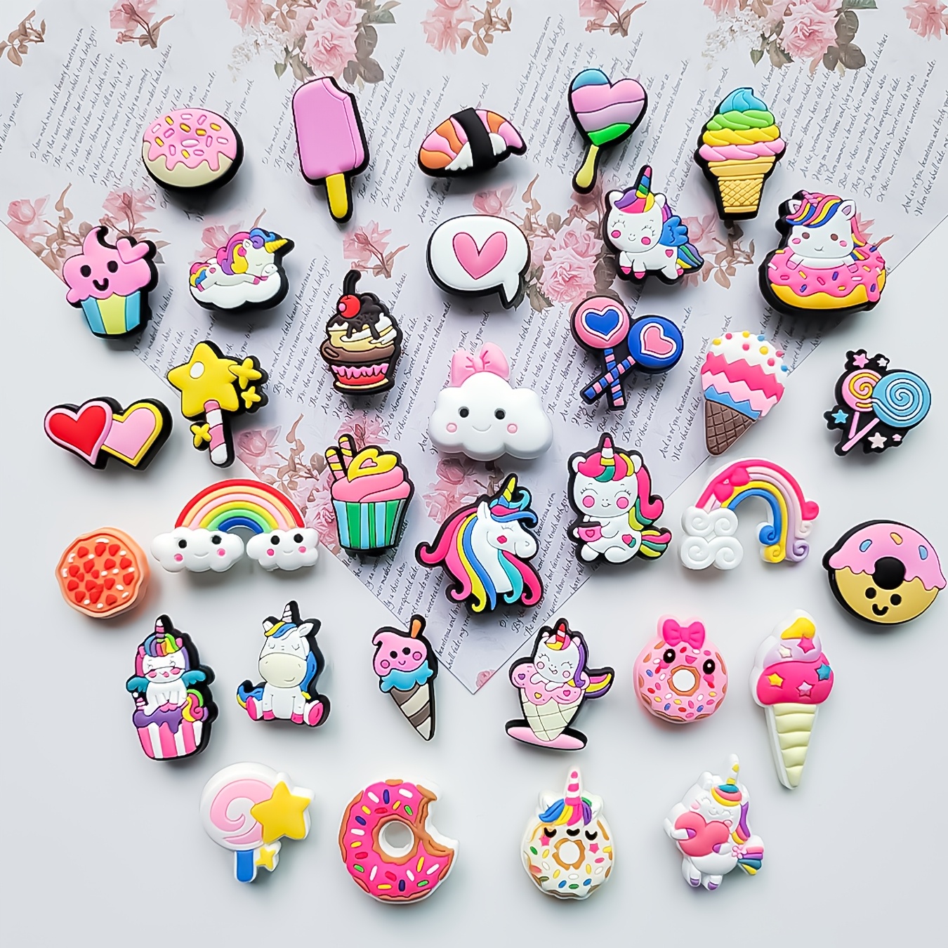 

34pcs Unicorn & Ice Cream Collection - Vibrant Pvc Shoe Charms, Halloween, Christmas & Valentine's Gifts | For Beach Bags & Keychains