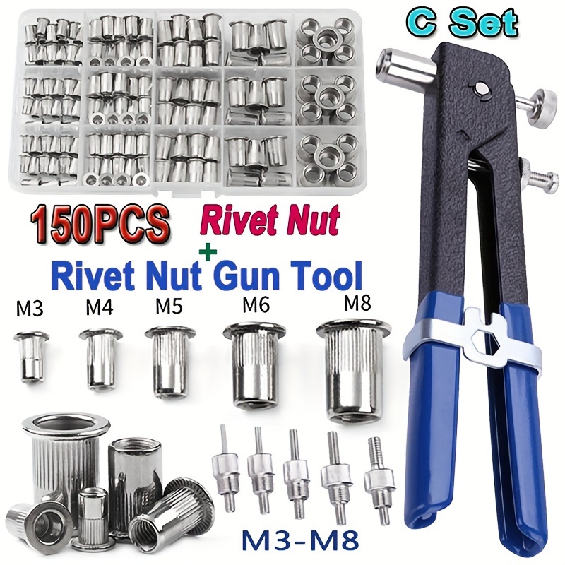 

150pcs Aluminum Rivet Nut Set, M3/4/5/6/8/10/12 - Metal Kit