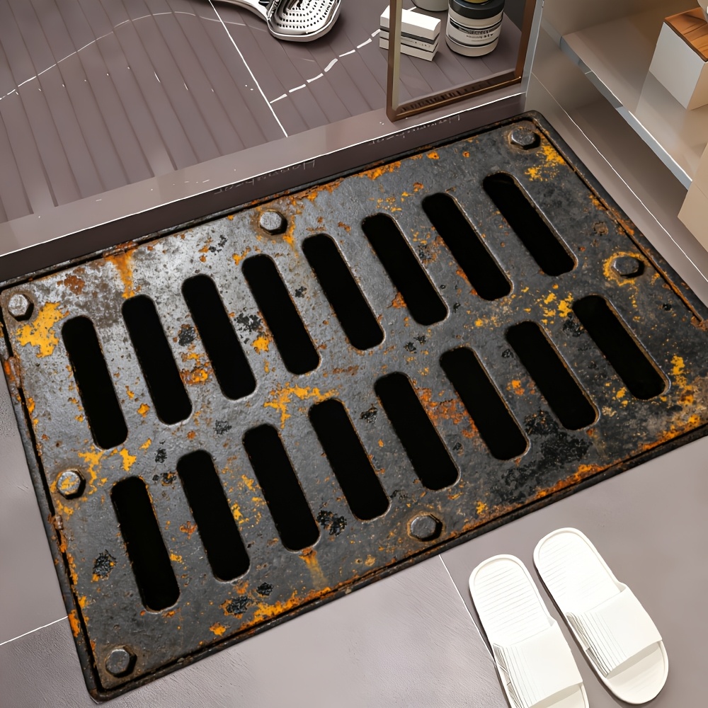 TEMU 1pc 2d Flat Printing Flannel Material Door Mat, Outdoor Courtyard Door Mat, 1pc Printed Rusted Metal Grille Pattern Absorbent Flannel Rug, Soft