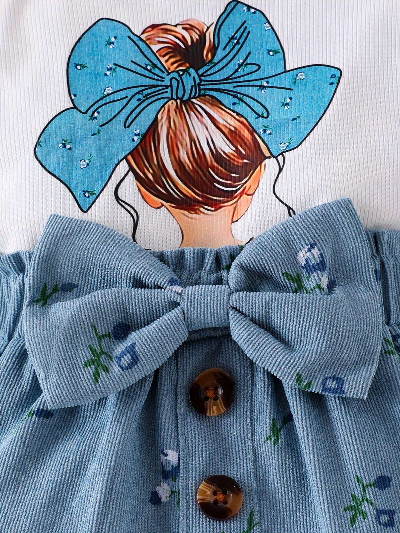 3pcs girls floral print long sleeve t shirt skirt set with bow detail soft stretchy fabric button     hem     casual playwear for outdoor Product details 2