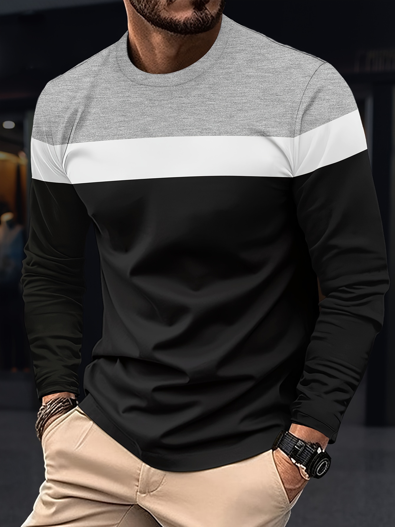 de Otoño| Camiseta de Larga para Hombre con Bloques de Color Casual y  Deportiva con Cuello de Poliéster Cómoda, Lavabl