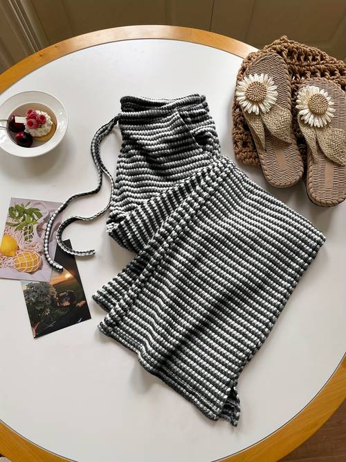 gestreifte damen-hosen mit elastischem bund und kordelzug, lässige weitbein-schlaghose für frühling/herbst, sommer & winter