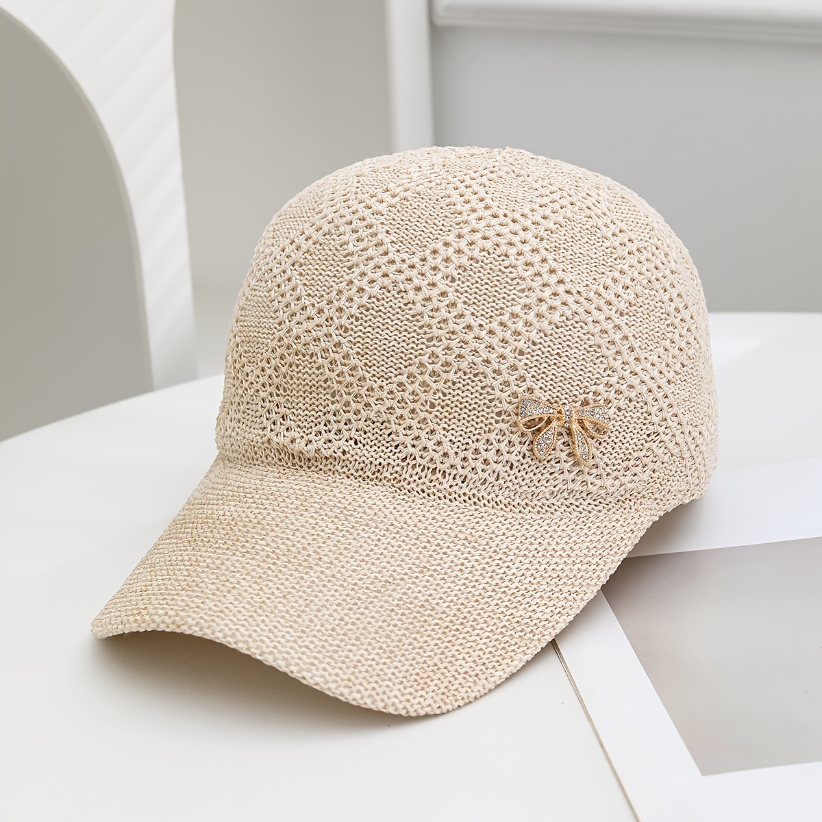 1pc 1pc Block Bow Summer Breathable Women's Rhinestone Bow Logo Face- Daily Versatile Lightweight Travel Thin Commuting Baseball Cap