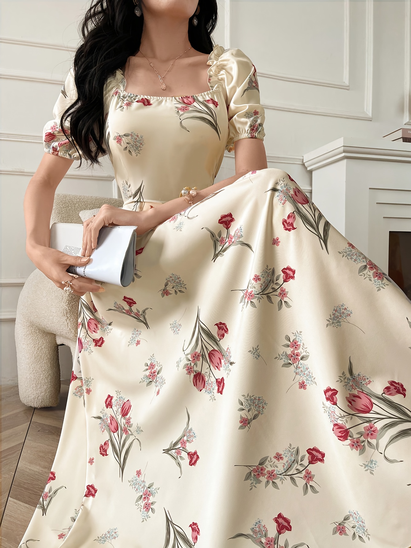 vestido largo estampado mujer escote cuadrado   cortas - Temu Peru