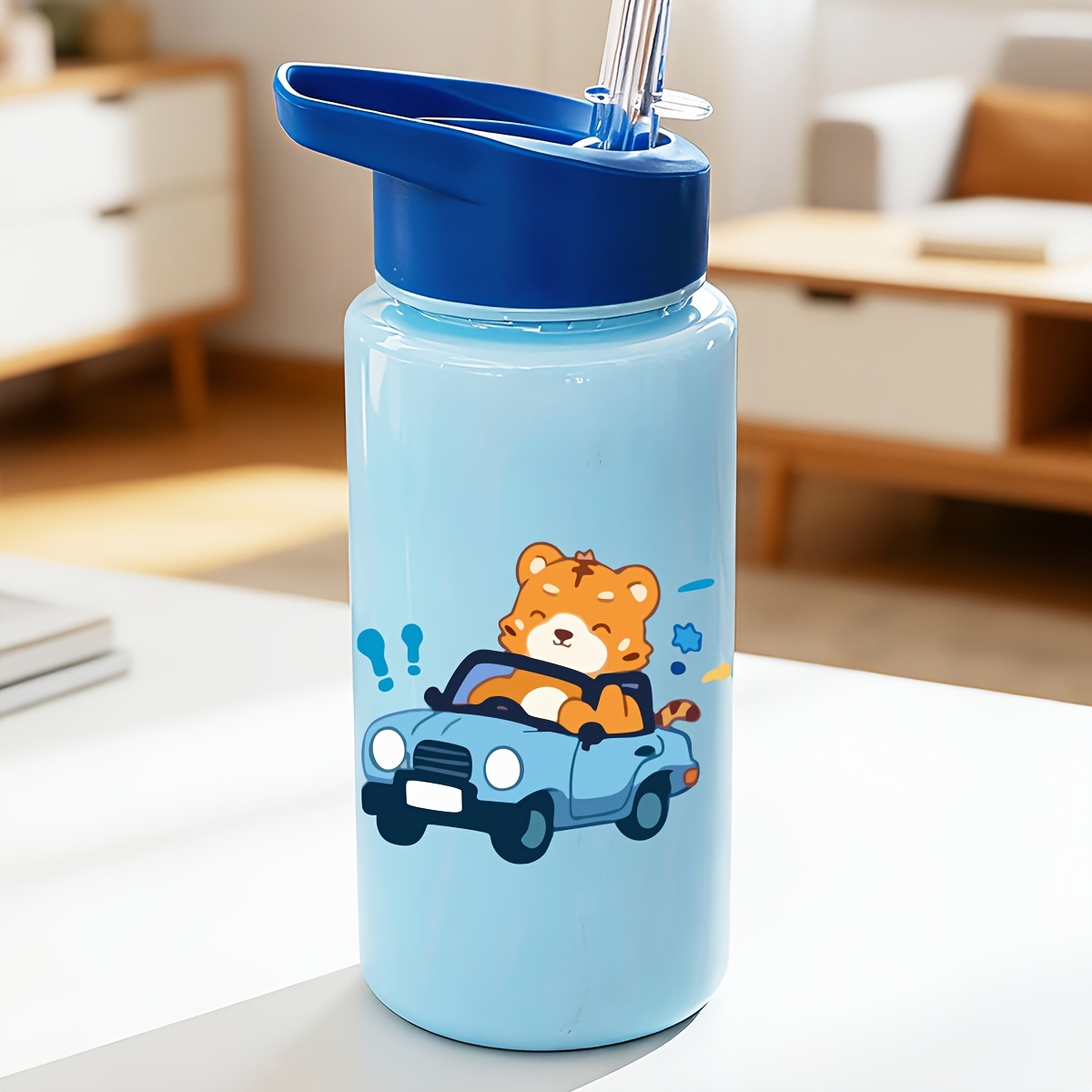 TEMU Nom Personnalisable - Gobelet Bouteille d'Eau avec Paille en Plastique, 500ml, avec Crocodile sur Voiture de Sport Rouge, Tigre sur Bleue, Chat