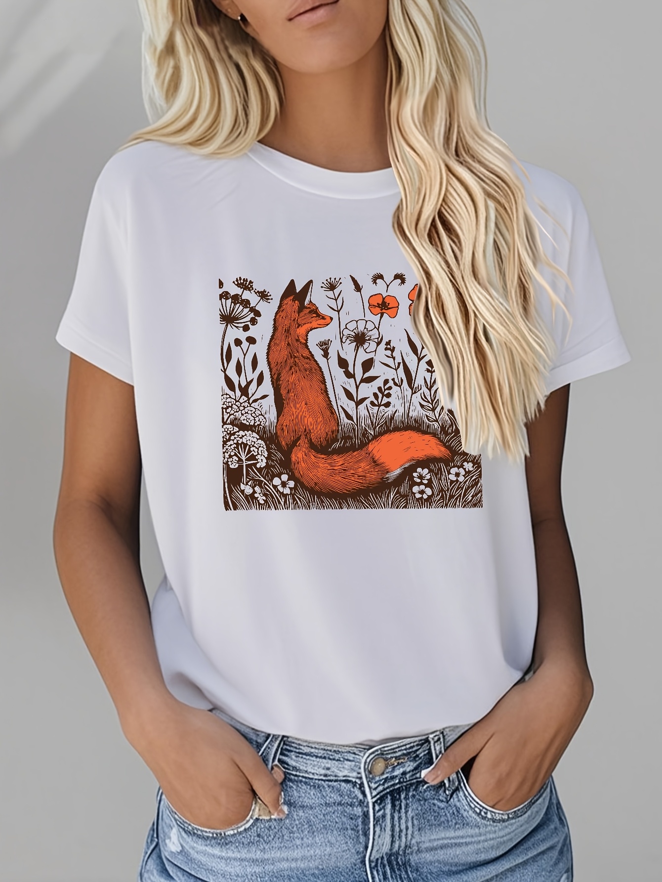 womens rustic fox floral graphic cotton t shirt - Temu, image size:800x1066