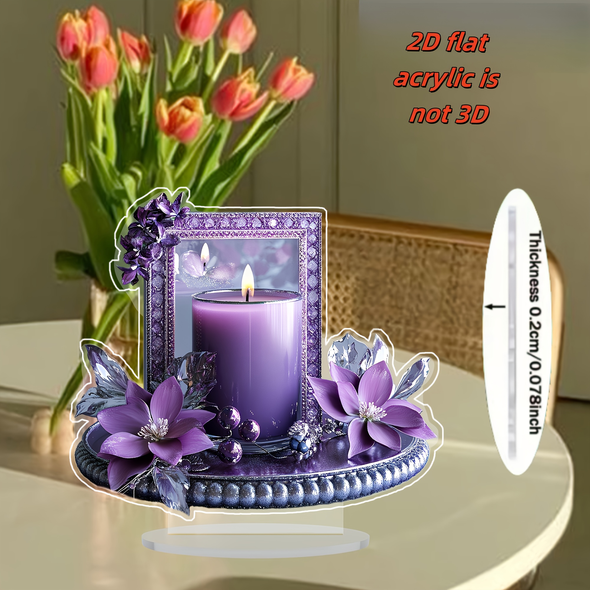 TEMU 2d Flat, 2d Flat Acrylic, Purple Flower Candle Acrylic Countertop Decoration, Light , 2d Countertop Decoration, Room, Window, Bedroom, Living Room, Office Decoration, Holiday Decoration, 2d Flat