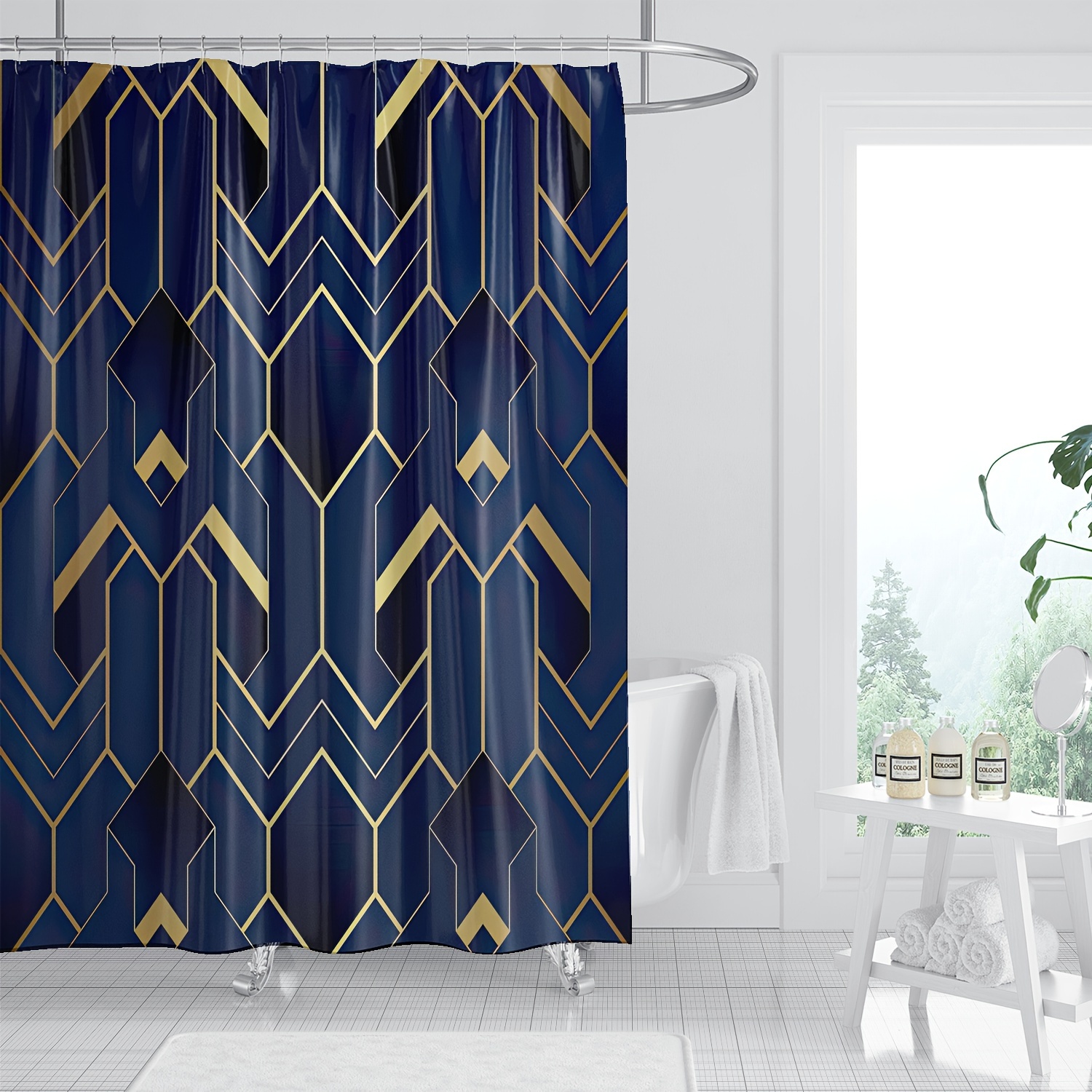 

1pc Blue Golden Geometric Pattern Shower Curtain, Waterproof Bathroom Partition Curtain With Hooks, Bathroom Accessories, Bathroom Decor