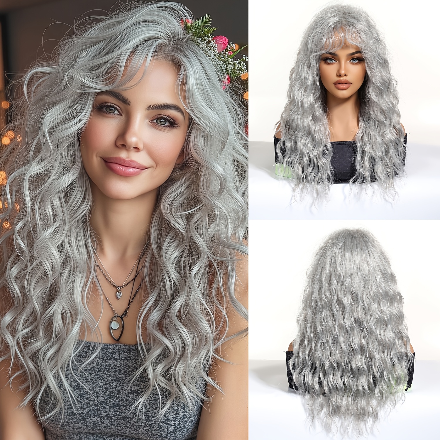 Image of A Matte Wig Made From High-temperature, Featuring Long, Curly Hair In A Silvery-gray Shade, Measuring 18 Inches. Beginner-friendly, Easy To , And Made From Chemical Fibers