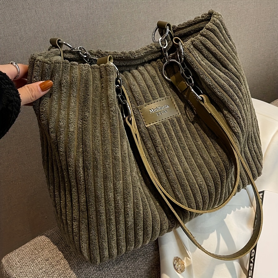 

Corduroy Shoulder Bag For Women, Solid Color, Sexy Tote With Fixed Straps, Zipper Closure, Polyester Lined, No Pattern, With Guangzhou For Tv Show Theme