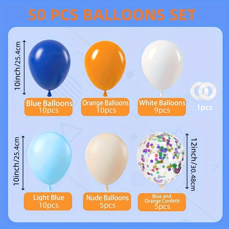 Image of Blue And Orange Balloons, 50pcs 10 Inch Orange Blue White Nude Latex Balloons With Confetti Balloon Ribbons, Suitable For Showers, Graduation Blue Birthday Party Decoration