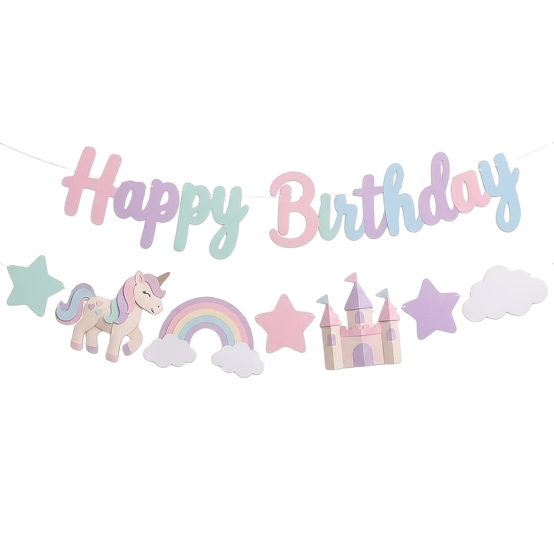 Image of Unicorn Birthday Letter Paper Banner With Flowers, Pink Unicorn, , Nebula, Cute Magical Fairy Tale Kawaii Style, Unicorn-themed Birthday Party Suppliesfor Christmas And Halloween
