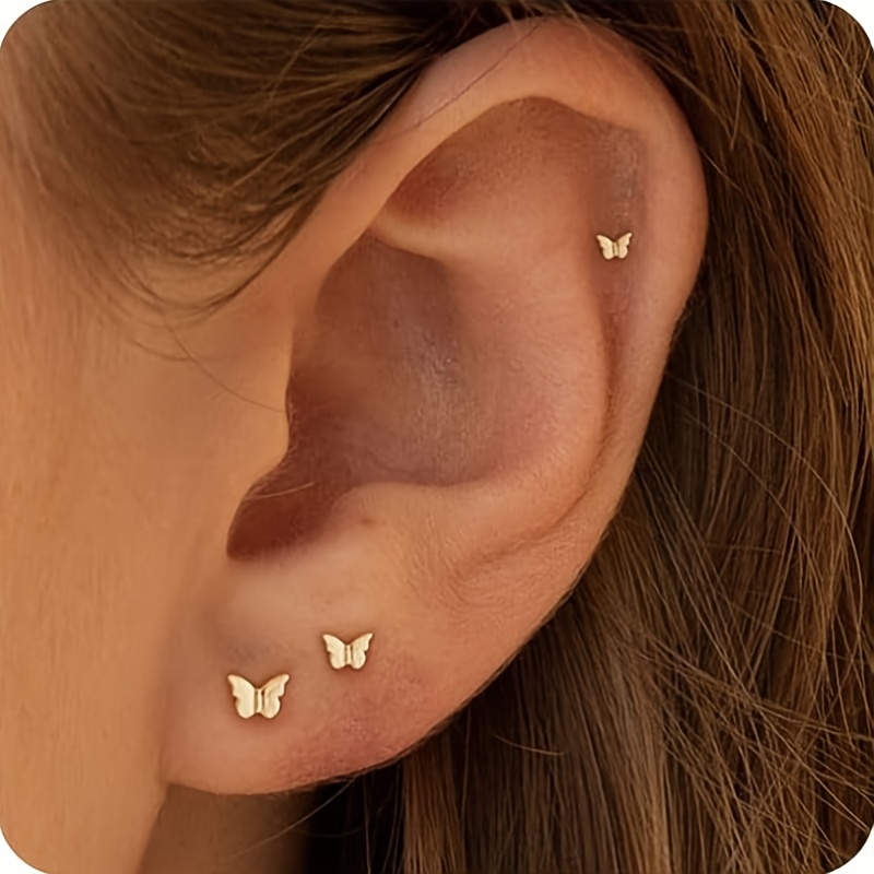 E-shop 2D Flach, 3 Stück Winzige Flachrücken-Ohrringe für Damen – Kleine Schmetterling Hypoallergener Helix-Piercing Schmuck Knorpel-Ohrringe