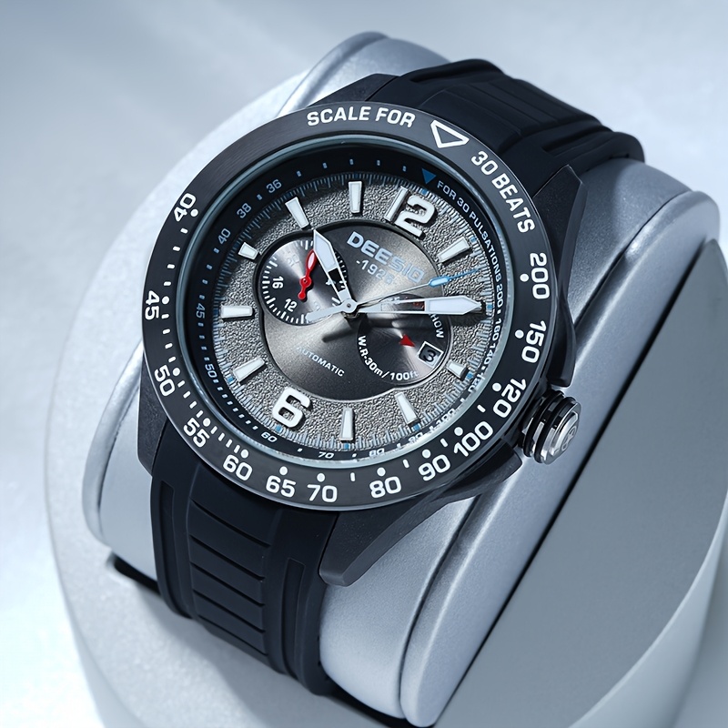 TEMU Men's Mechanical Watch Featuring Automatic Winding, A Stylish Multifunctional Dial, A Trendy Silicone Strap, And Water Resistance, Without