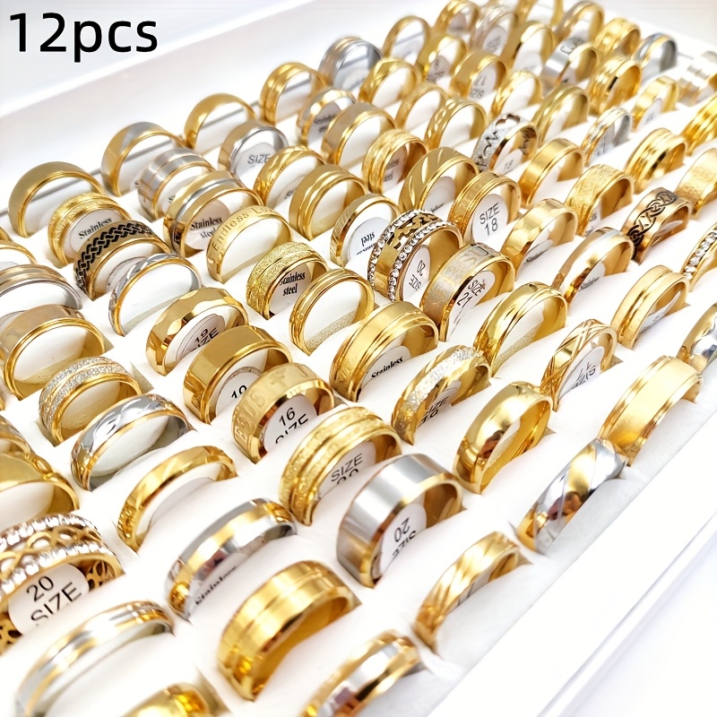 E-shop 12 Stk./Los Trendige goldenfarbene Edelstahlringe für Damen und Herren, gemischte Exquisite Ring Charm Jubiläum Fingerreif Schmuck Geschenk im