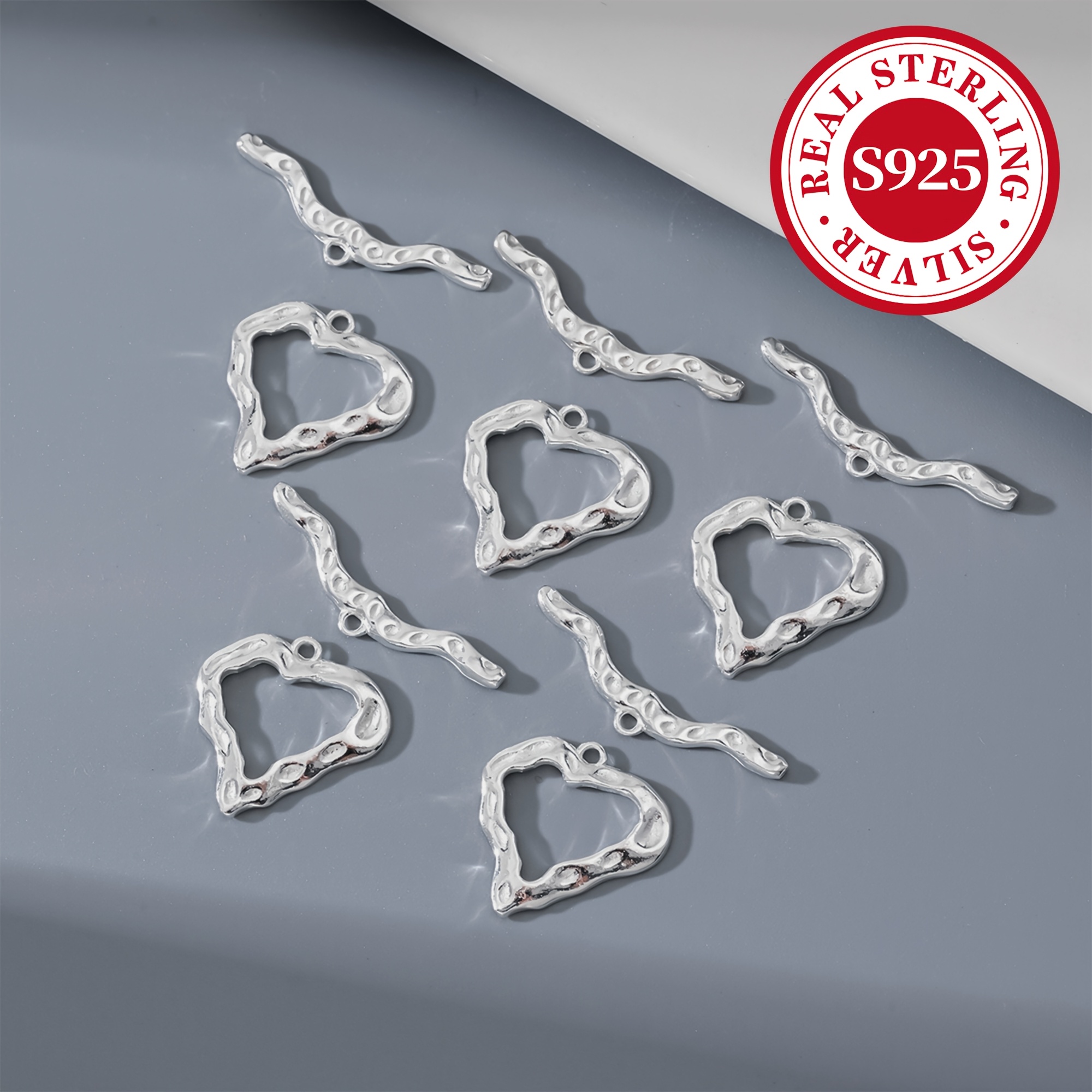 S925 Sterling Silver Textured OT Clasp, Heart-Shaped Design