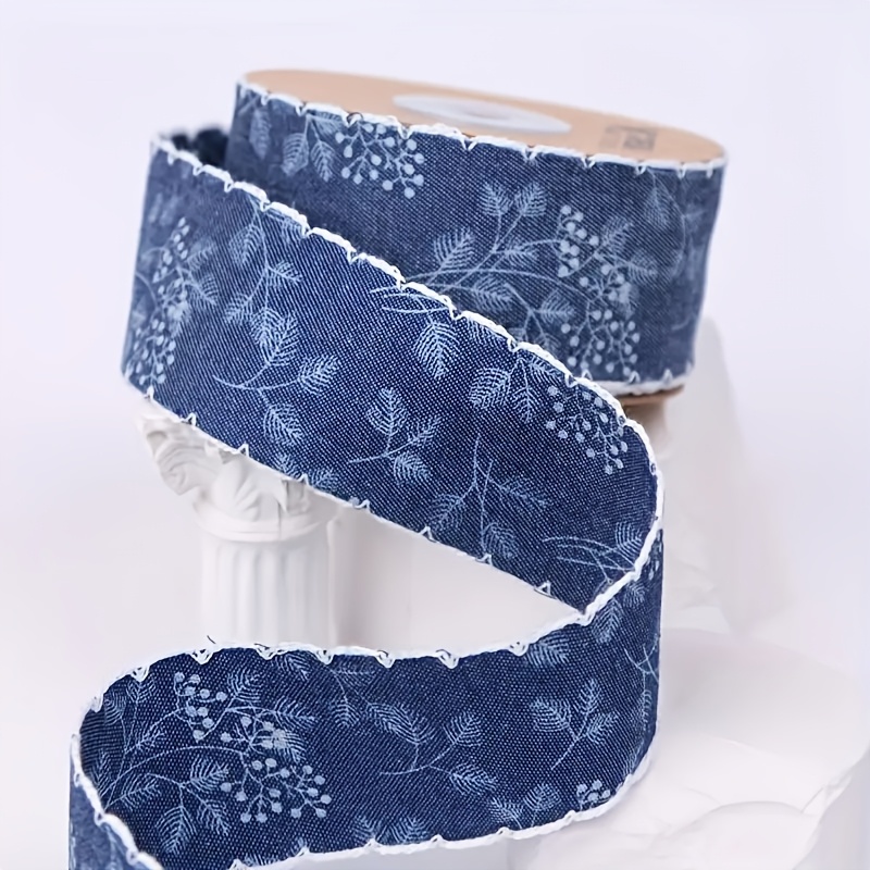 

Blue Floral Leaf Print Denim Sewing Lace Ribbon, 4cm Wide, Multi- Diy Craft Ribbon For Bows, Headbands, Hats, And Home Decor