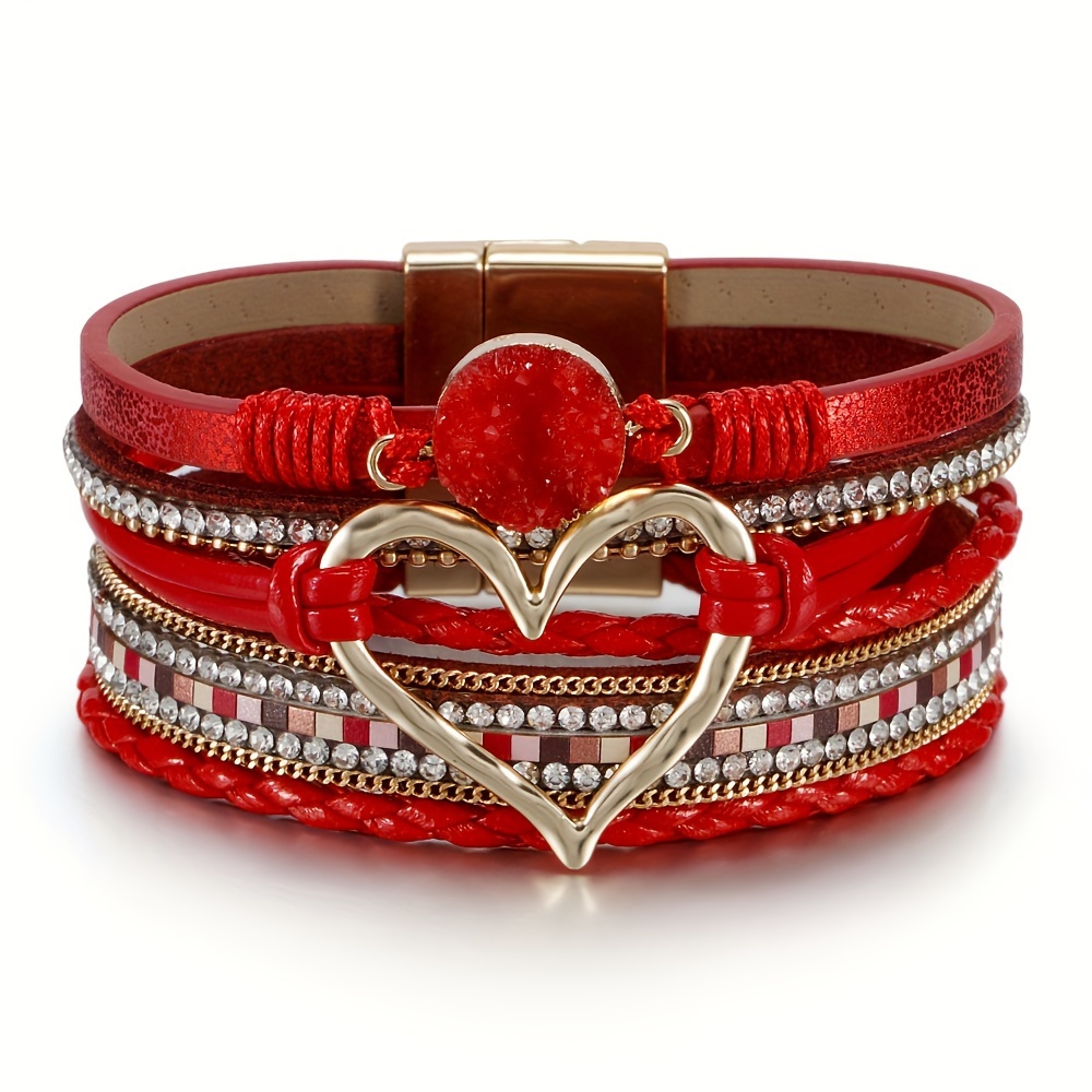 

Multi-layer Pu Leather Wrap Bracelet With Heart Charm, Bohemian Vintage Style, Trendy Boho Jewelry, Red Statement Bracelets For Women, Valentine's Day Gift Idea, Adjustable Clasp Closure