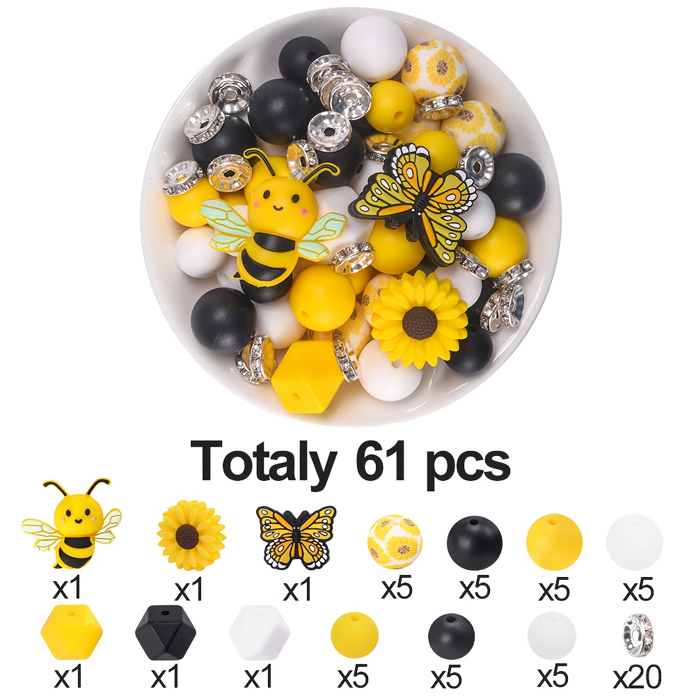 E-shop 61-teiliges Bienen-Schmetterling-Gänseblümchen bedruckte Silikon-Fokalperlen DIY Schmuckset – Gartenparty Deko-Perlen Bastelzubehör für