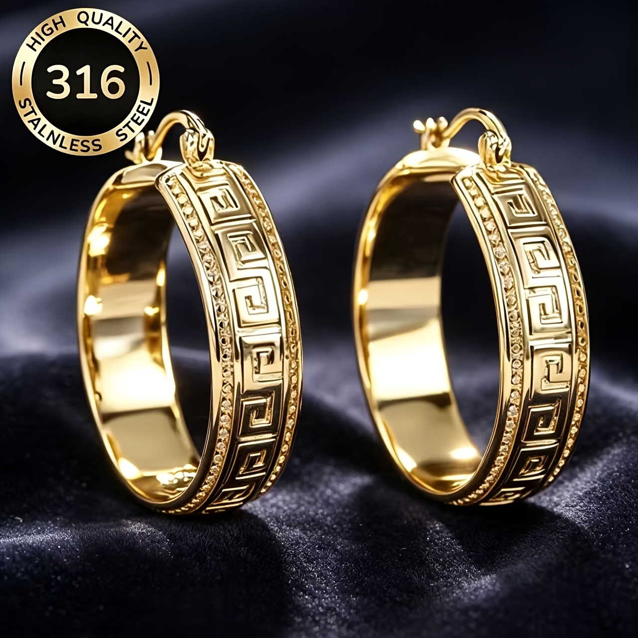 TEMU Pendientes anchos retro con diseño de llave griega de acero inoxidable 316, joyería de regalo dorada casual diaria de para mujer