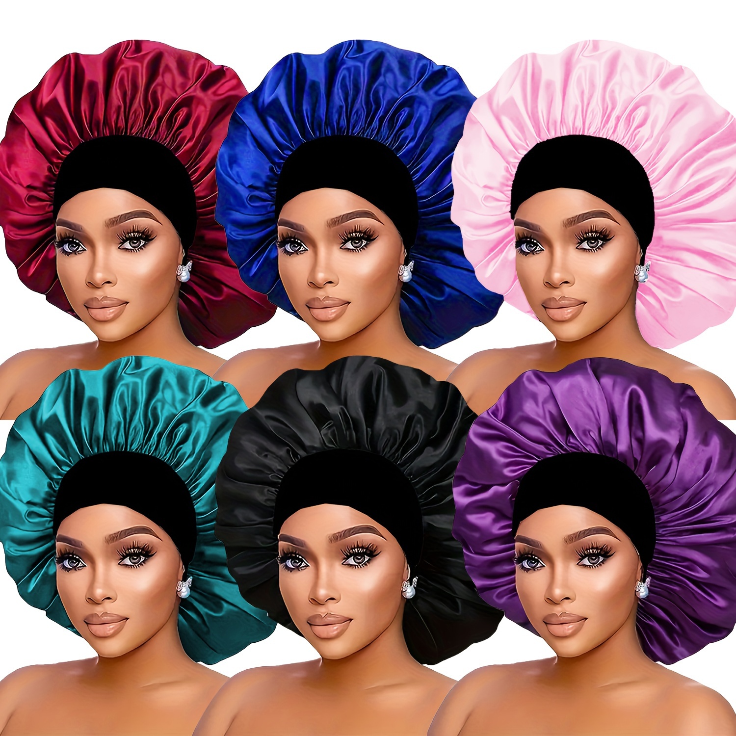 

6-pack Satin Bonnet Caps For Women With Band - Polyester Hair Bonnets For Sleeping, Sports, - Soft, Breathable, Sweat-proof - Reduces Frizz, Breakage, - Fits Curly & Straight Hair