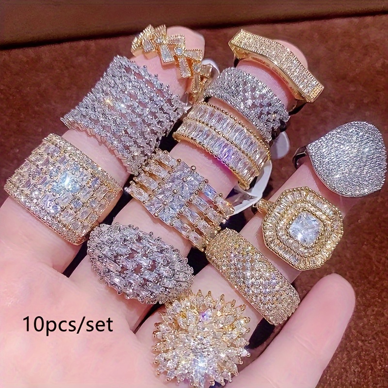 

10 Pieces Luxury Copper Inlaid Zirconia Crystal Rings Synthetic Gemstone Rings Wedding Engagement Promise Bridal Jewelry Rings Anniversary Rings Holiday Gifts