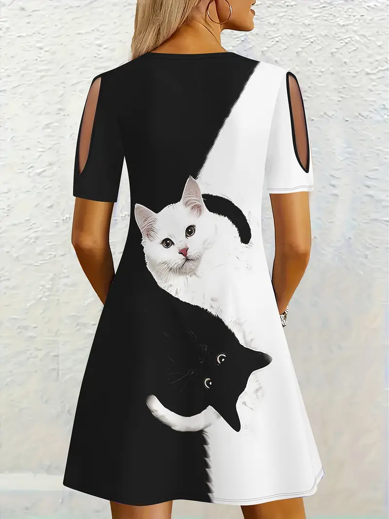 cat cut out dress Creative cut out dress on cat with lettering meow. Ginger cat in striped vintage dress and with red boots. Vaporwave style concept Stock Photo