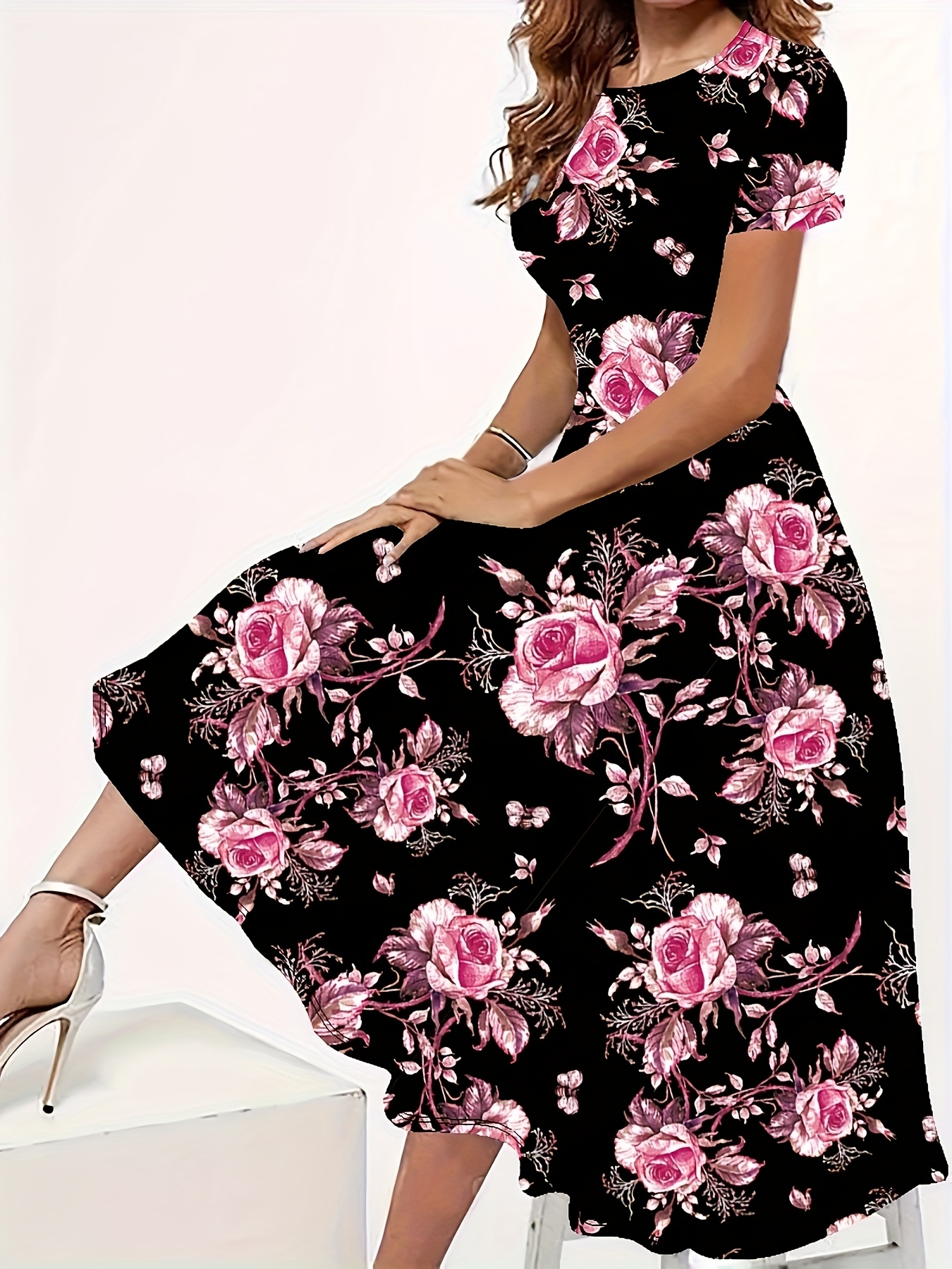 plus size plus size elegant plus size   dress vein blend round neck short sleeves floral pattern medium stretch fabric long style suitable for  