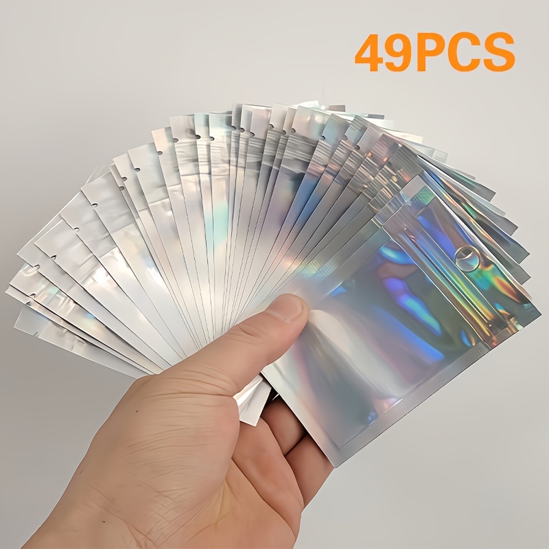 TEMU 49pcs Fashionable And Cool Laser Pearl Self Sealing Pe Sealed Bag, Reusable Dustproof Anti Drop Foil Bag, Suitable For Nail Art, Jewelry, Party