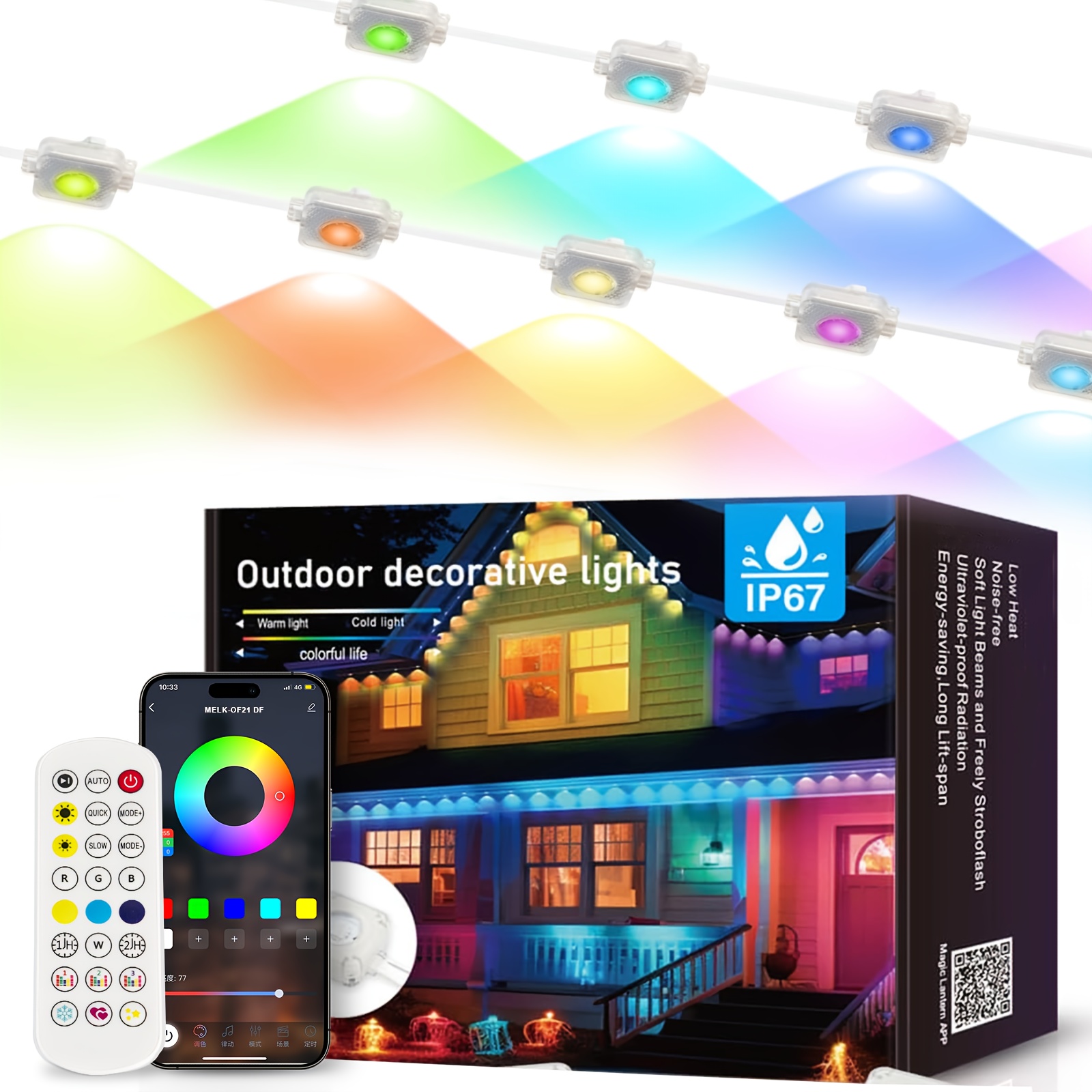 

50ft Rgb Outdoor Lights - 30 Led Smart ,, App & Remote Control With 209 Scene For Christmas & Halloween Decor